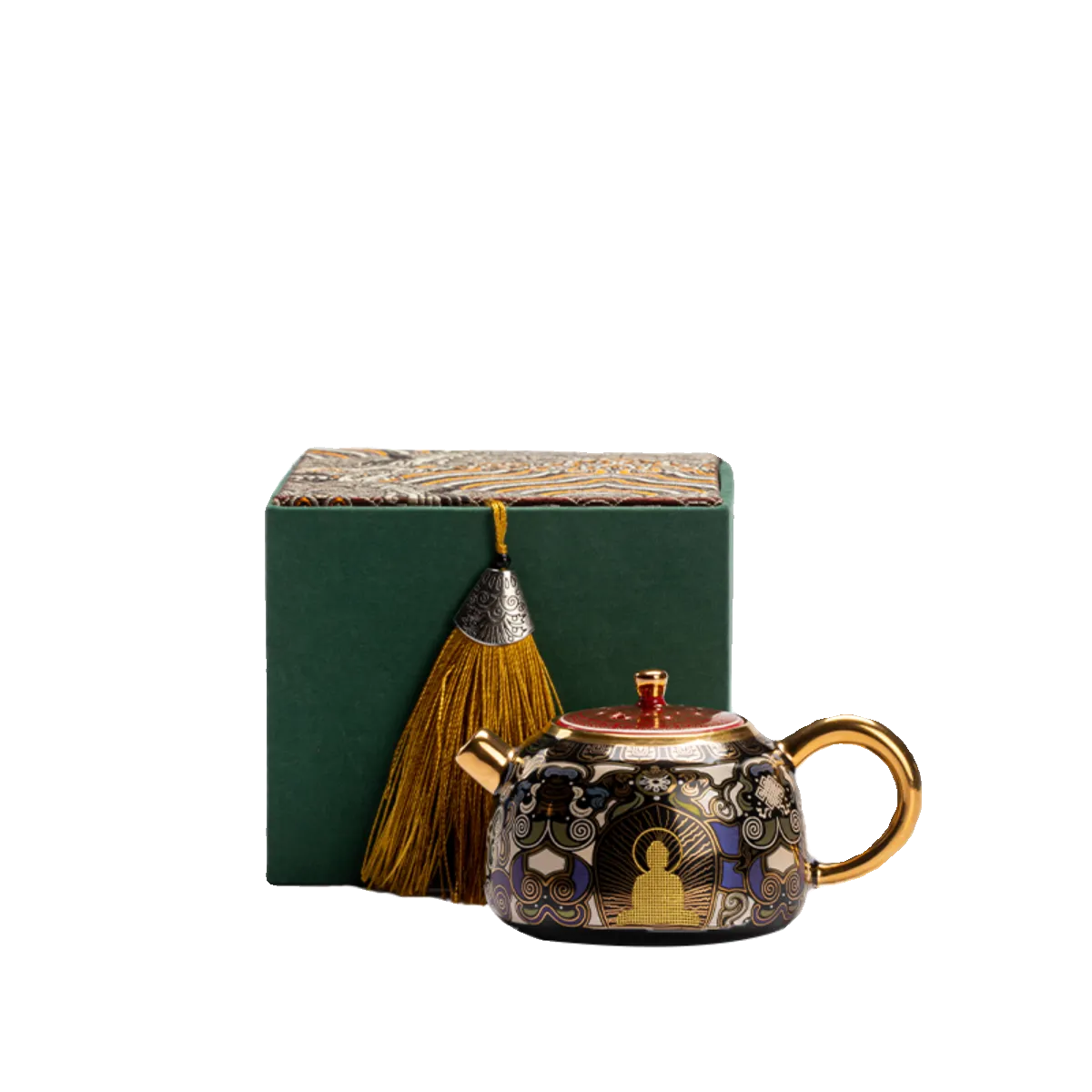"Black Ceramic Teapot Inspired by Tibetan Thangka Art"