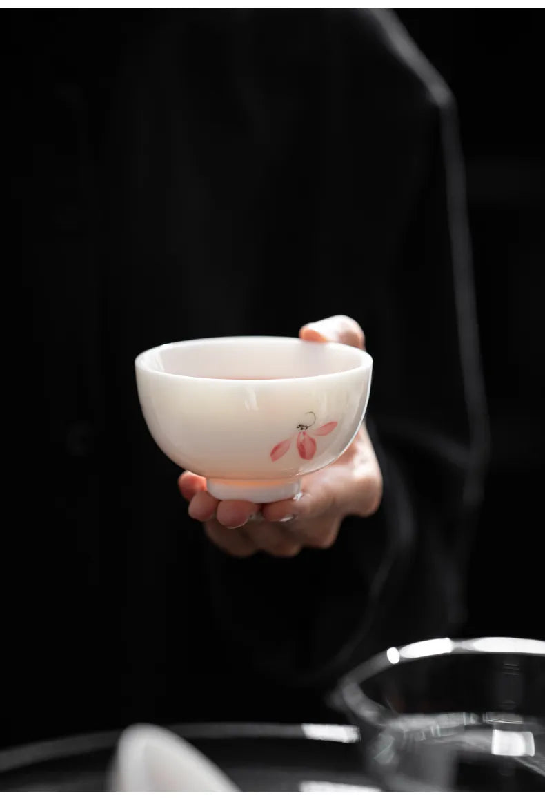 "Guerlain" Travel Teacup in Mutton Fat Jade Porcelain – Elegant & Portable Kungfu Tea Set