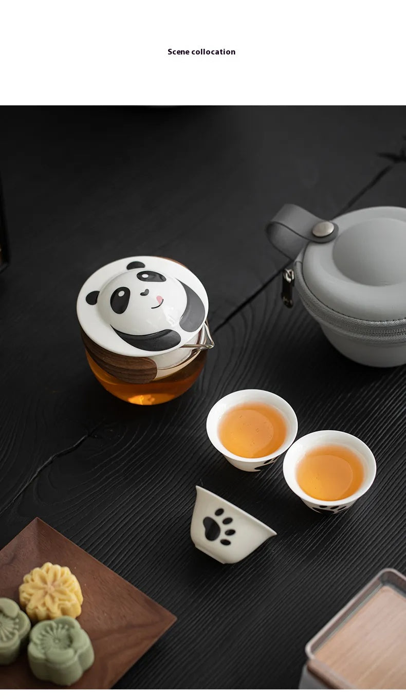 Panda Travel Tea Set – One Pot with Three Cups, Portable Kungfu Teaware