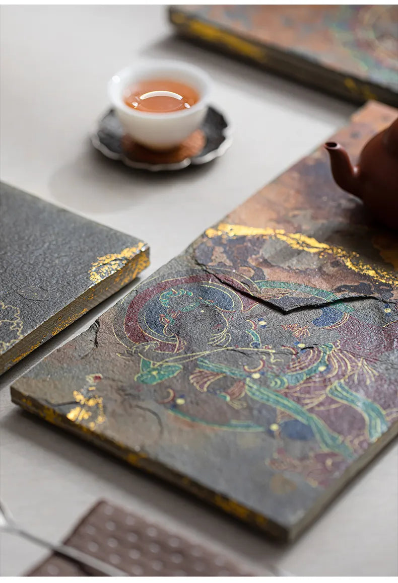 Hand-Painted Shale Stone Teapot Tray · Dunhuang-Inspired Zen Tea Tray with Six-Armed Guanyin Design