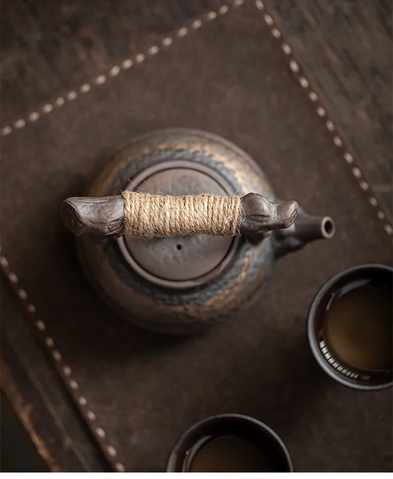 "Rustic Rough Pottery Teapot – Withered Wood Handle, Vintage Chinese Carrying Teapot"