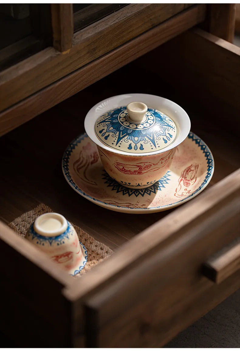 Dunhuang-Inspired Gaiwan with Flying Apsaras Motif – Three-Piece Ceramic Covered Tea Bowl
