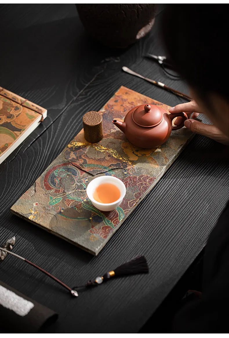 Hand-Painted Shale Stone Teapot Tray · Dunhuang-Inspired Zen Tea Tray with Six-Armed Guanyin Design