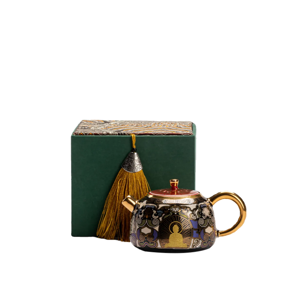 "Black Ceramic Teapot Inspired by Tibetan Thangka Art"