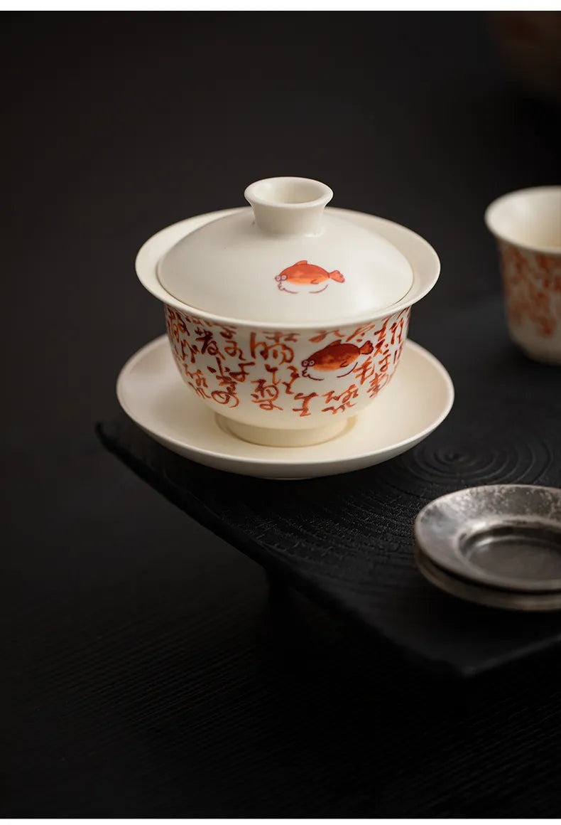 Soda Glaze Three-Piece Gaiwan – Calligraphy & Poetry Tea Bowl for Gongfu Brewing