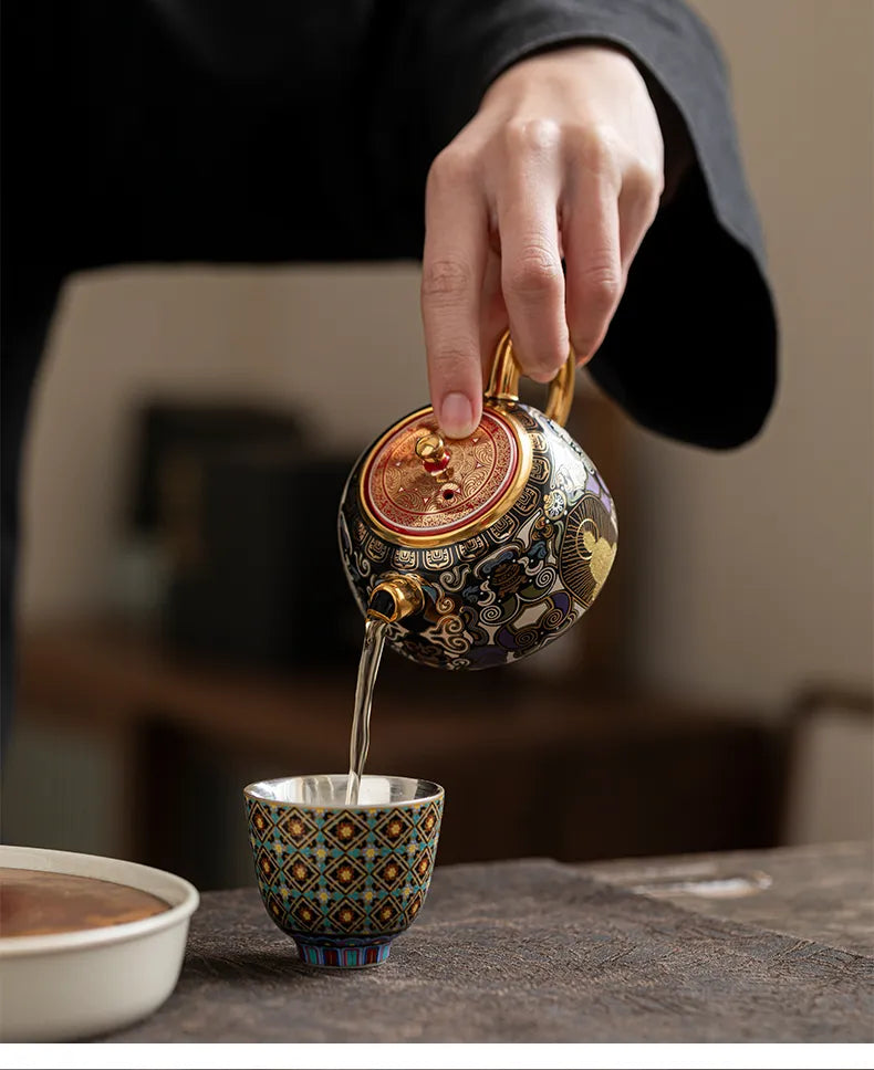 "Black Ceramic Teapot Inspired by Tibetan Thangka Art"