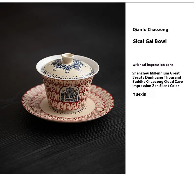 Three-Tier Gaiwan with Thousand Buddhas Motif – Traditional Chinese Covered Tea Bowl