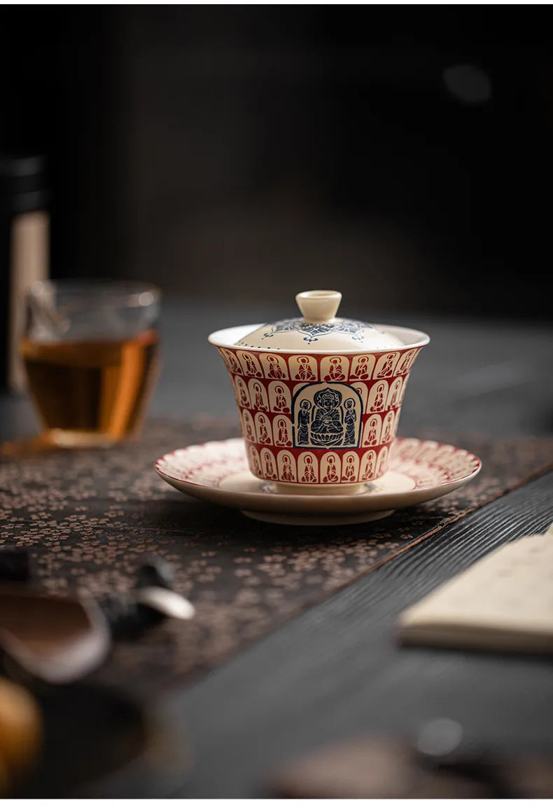 Three-Tier Gaiwan with Thousand Buddhas Motif – Traditional Chinese Covered Tea Bowl