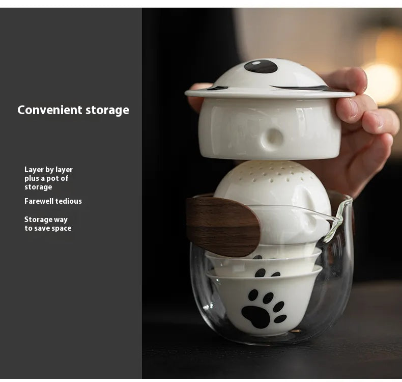 Panda Travel Tea Set – One Pot with Three Cups, Portable Kungfu Teaware