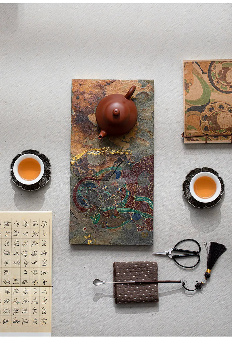 Hand-Painted Shale Stone Teapot Tray · Dunhuang-Inspired Zen Tea Tray with Six-Armed Guanyin Design