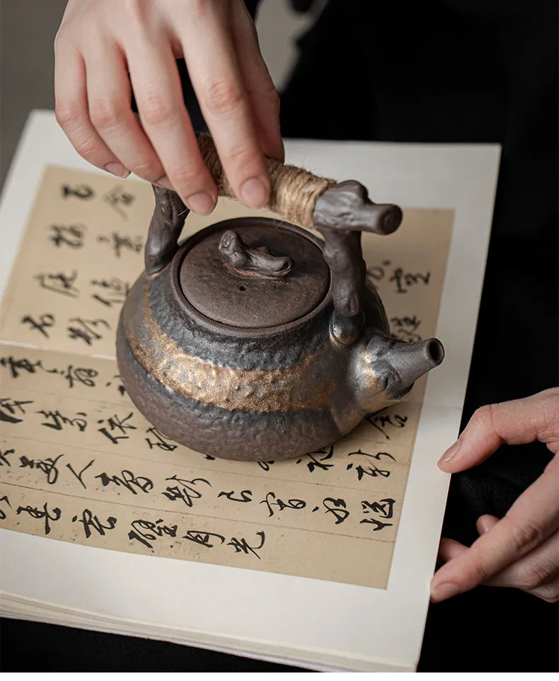 "Rustic Rough Pottery Teapot – Withered Wood Handle, Vintage Chinese Carrying Teapot"