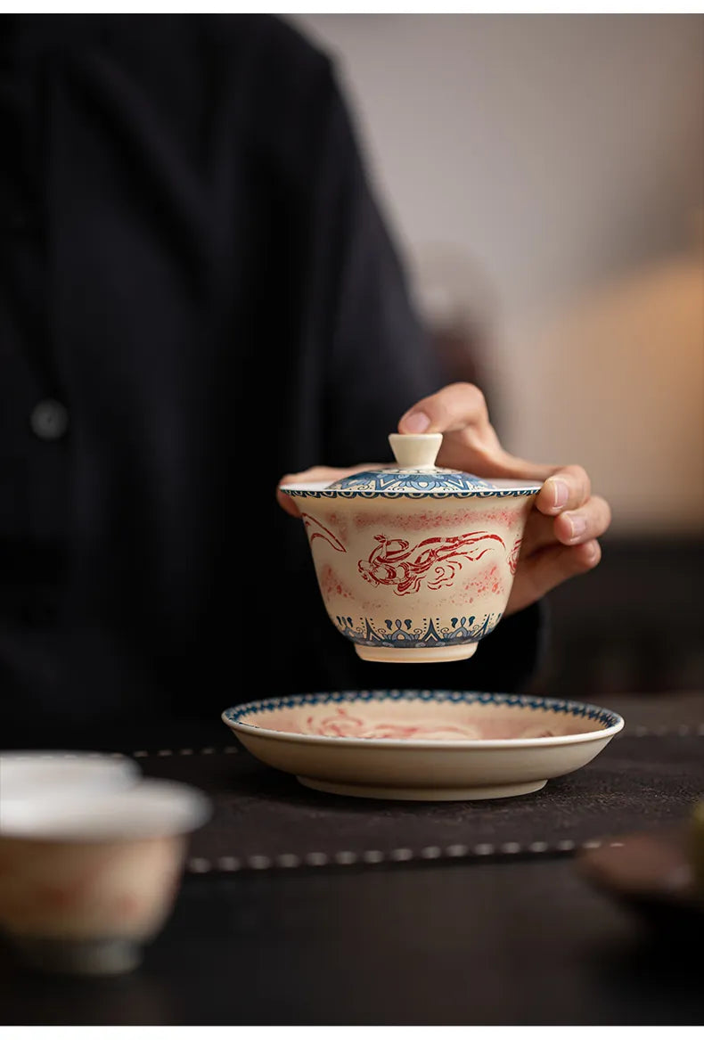 Dunhuang-Inspired Gaiwan with Flying Apsaras Motif – Three-Piece Ceramic Covered Tea Bowl