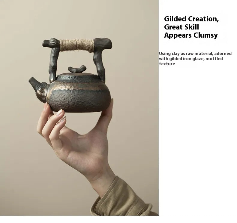 "Rustic Rough Pottery Teapot – Withered Wood Handle, Vintage Chinese Carrying Teapot"