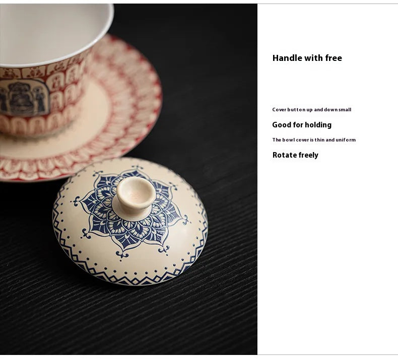 Three-Tier Gaiwan with Thousand Buddhas Motif – Traditional Chinese Covered Tea Bowl