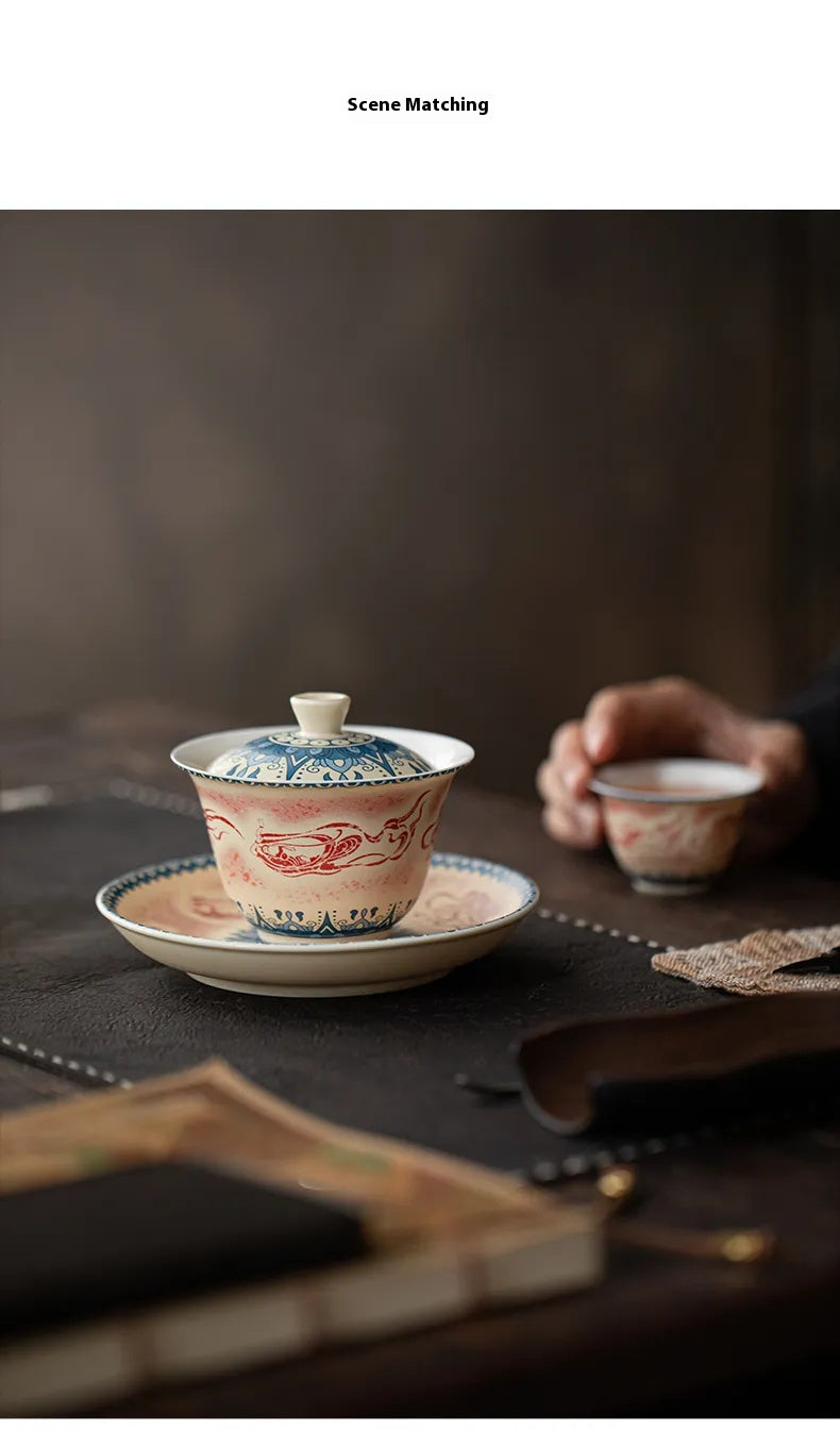 Dunhuang-Inspired Gaiwan with Flying Apsaras Motif – Three-Piece Ceramic Covered Tea Bowl