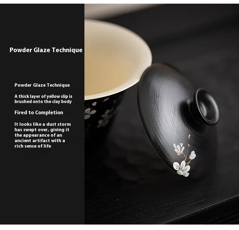 Powder-Glazed Gaiwan with Hand-Painted Plum Blossom Design – Three-Piece Ceramic Tea Bowl for Gongfu Brewing