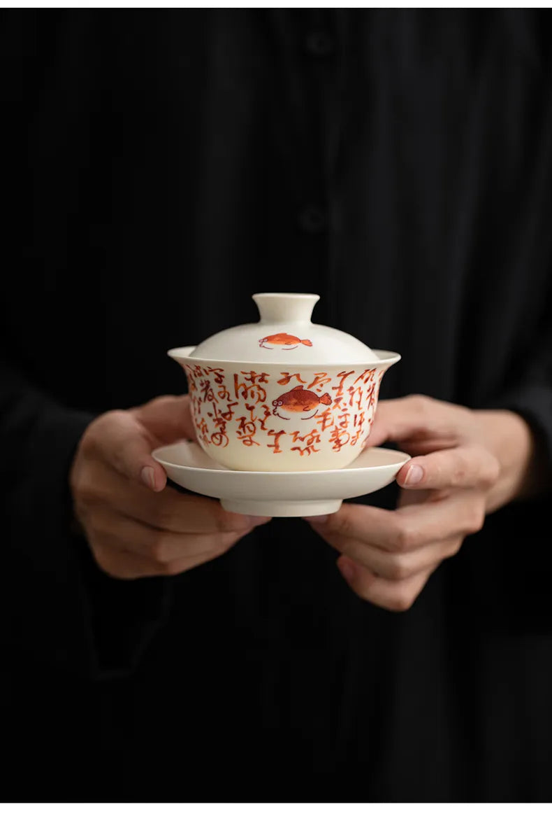 Soda Glaze Three-Piece Gaiwan – Calligraphy & Poetry Tea Bowl for Gongfu Brewing