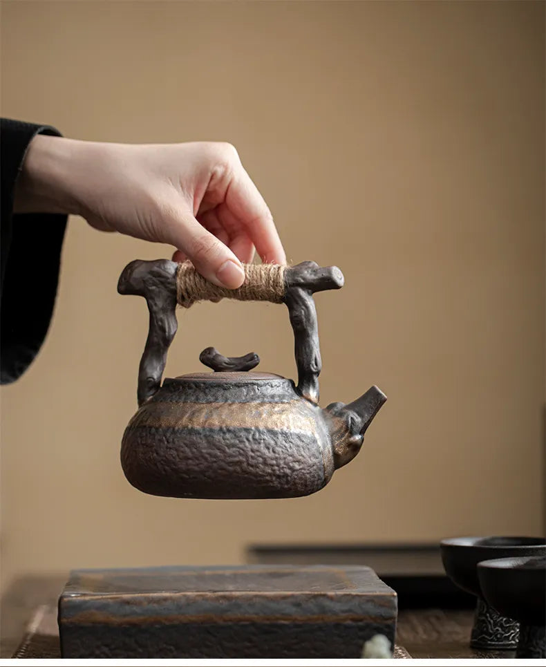 "Rustic Rough Pottery Teapot – Withered Wood Handle, Vintage Chinese Carrying Teapot"