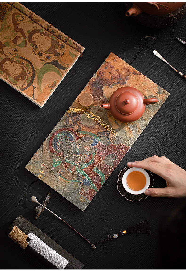 Hand-Painted Shale Stone Teapot Tray · Dunhuang-Inspired Zen Tea Tray with Six-Armed Guanyin Design