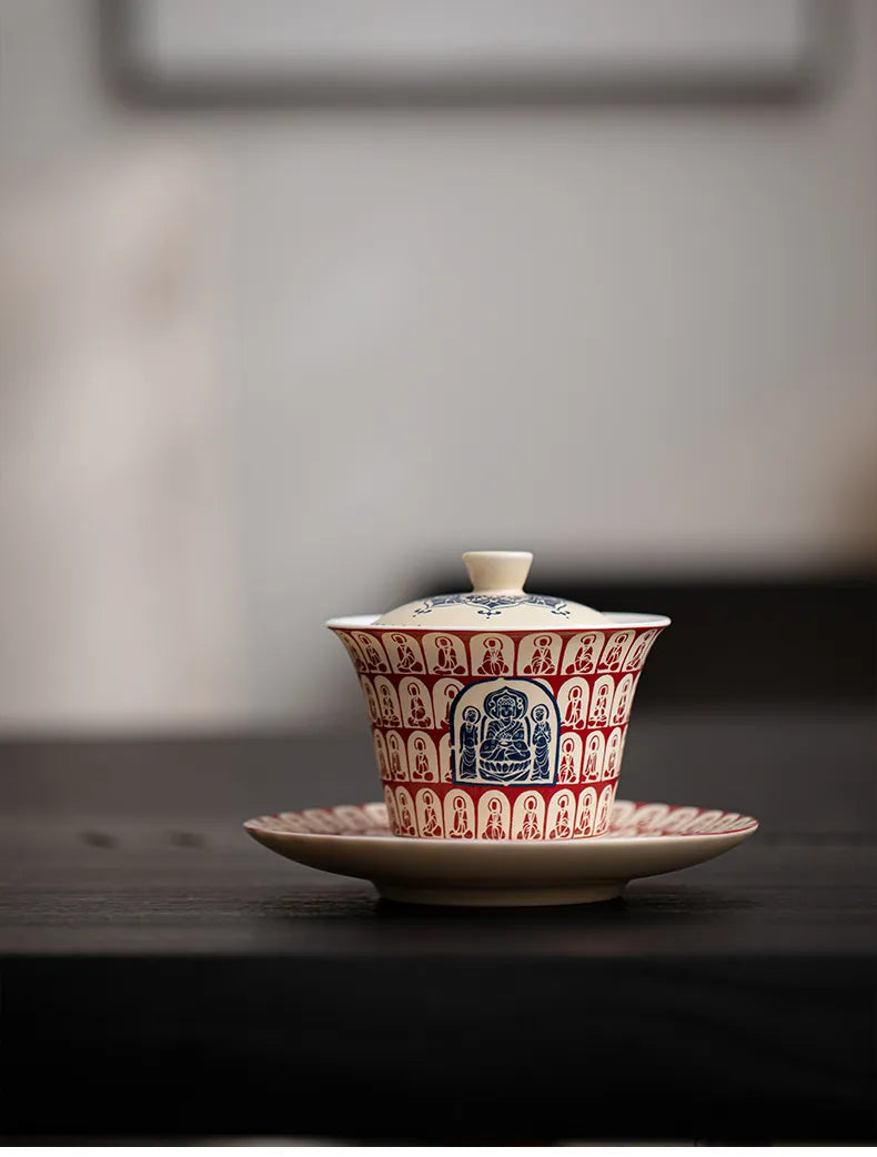 Three-Tier Gaiwan with Thousand Buddhas Motif – Traditional Chinese Covered Tea Bowl