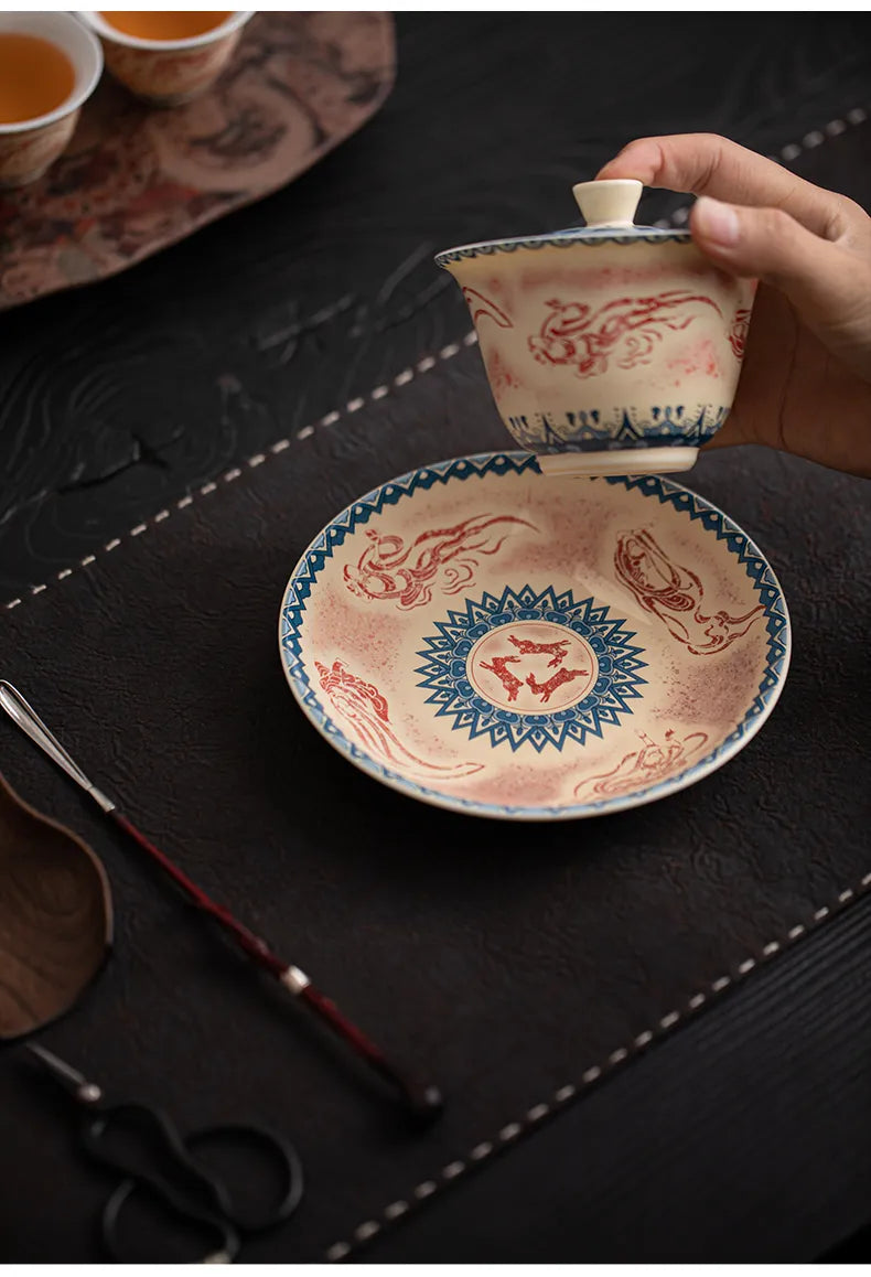 Dunhuang-Inspired Gaiwan with Flying Apsaras Motif – Three-Piece Ceramic Covered Tea Bowl