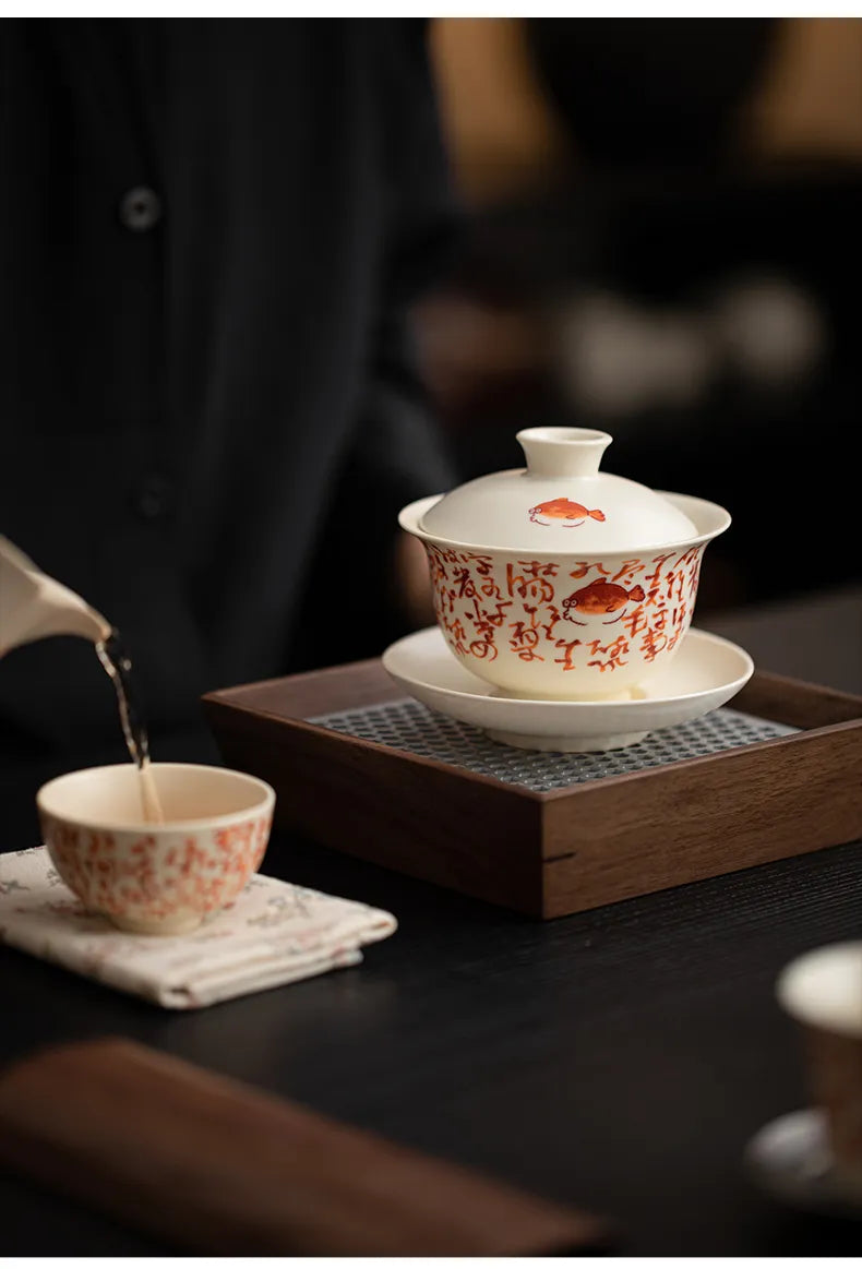 Soda Glaze Three-Piece Gaiwan – Calligraphy & Poetry Tea Bowl for Gongfu Brewing