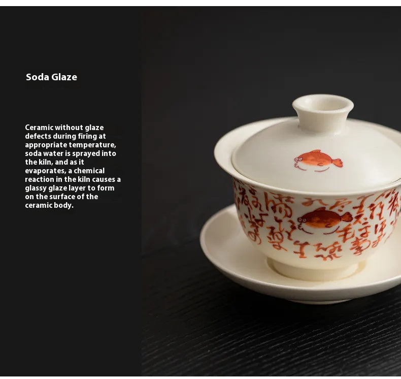 Soda Glaze Three-Piece Gaiwan – Calligraphy & Poetry Tea Bowl for Gongfu Brewing