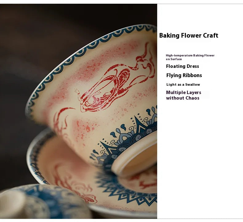Dunhuang-Inspired Gaiwan with Flying Apsaras Motif – Three-Piece Ceramic Covered Tea Bowl