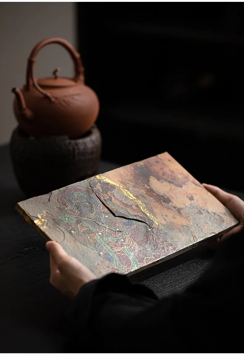 Hand-Painted Shale Stone Teapot Tray · Dunhuang-Inspired Zen Tea Tray with Six-Armed Guanyin Design
