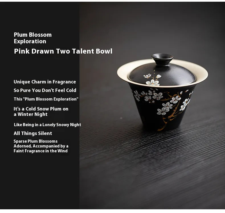 Powder-Glazed Gaiwan with Hand-Painted Plum Blossom Design – Three-Piece Ceramic Tea Bowl for Gongfu Brewing