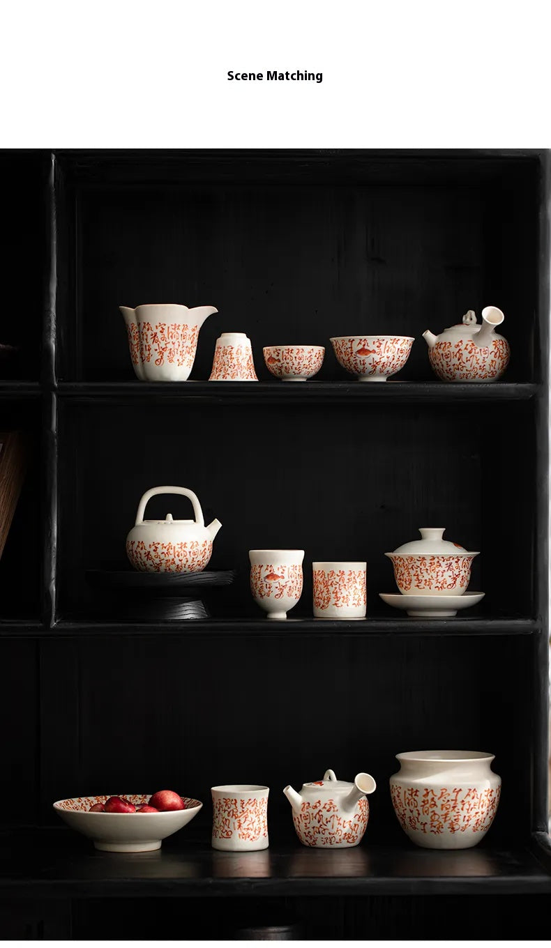Soda Glaze Three-Piece Gaiwan – Calligraphy & Poetry Tea Bowl for Gongfu Brewing