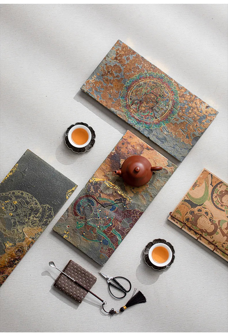 Hand-Painted Shale Stone Teapot Tray · Dunhuang-Inspired Zen Tea Tray with Six-Armed Guanyin Design