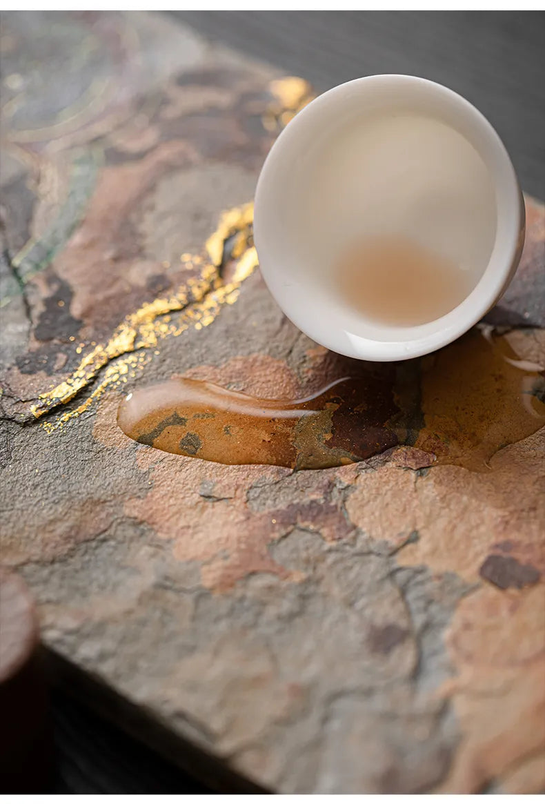 Hand-Painted Shale Stone Teapot Tray · Dunhuang-Inspired Zen Tea Tray with Six-Armed Guanyin Design