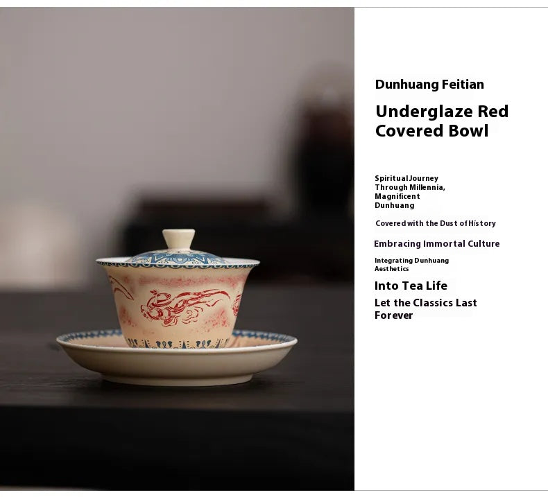 Dunhuang-Inspired Gaiwan with Flying Apsaras Motif – Three-Piece Ceramic Covered Tea Bowl