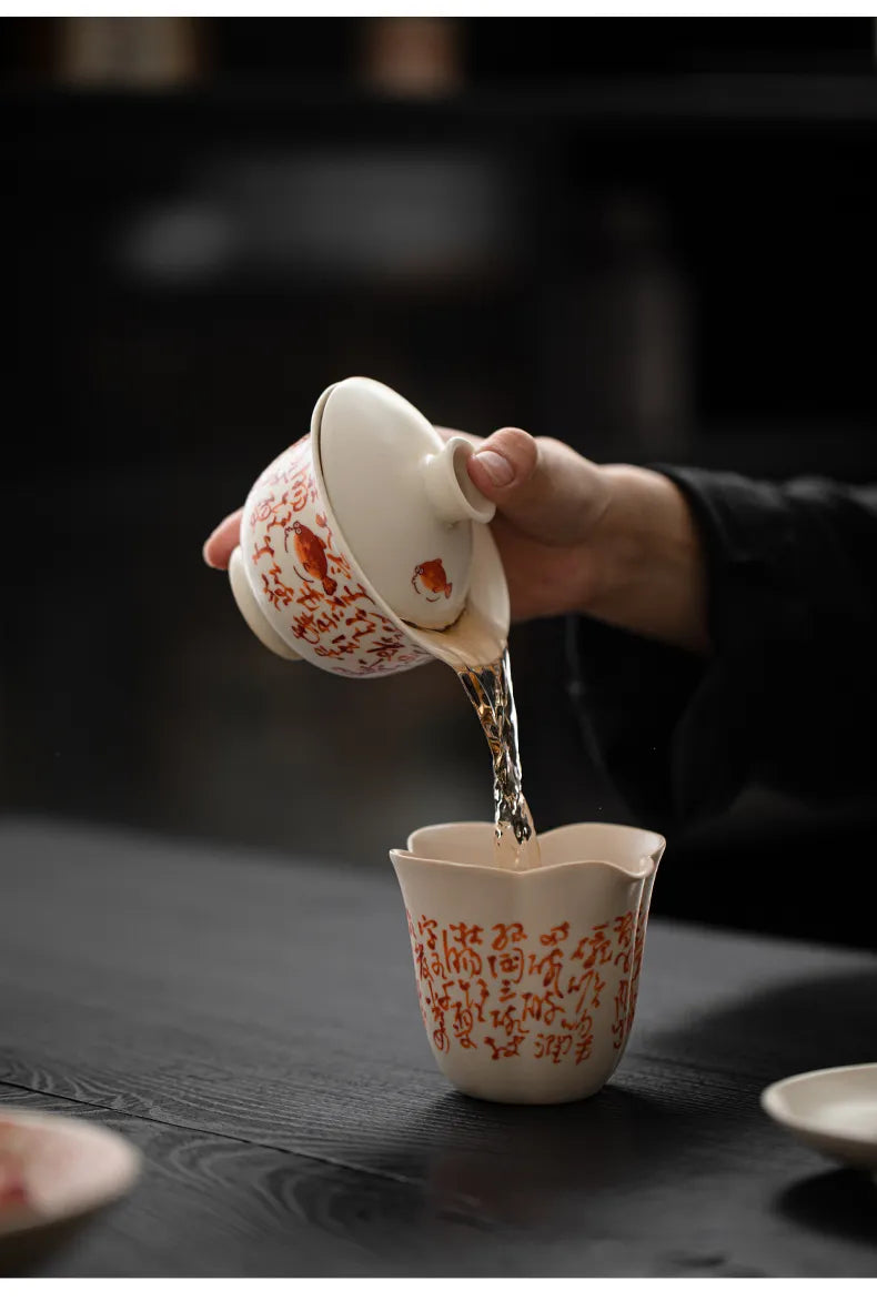 Soda Glaze Three-Piece Gaiwan – Calligraphy & Poetry Tea Bowl for Gongfu Brewing