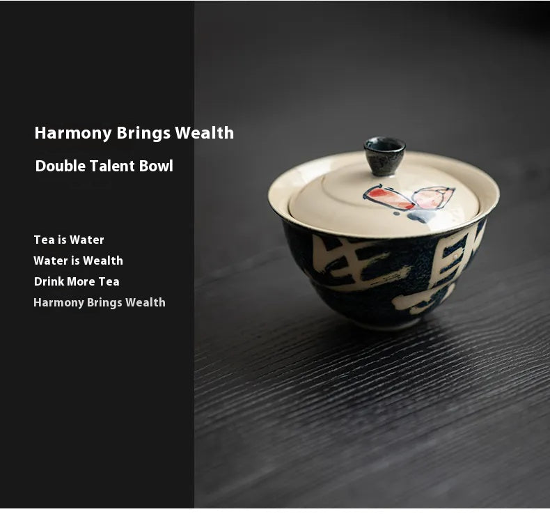 Hand-Painted Lotus Gaiwan – “Fortune Arises from Vitality” Covered Tea Bowl for Gongfu Brewing