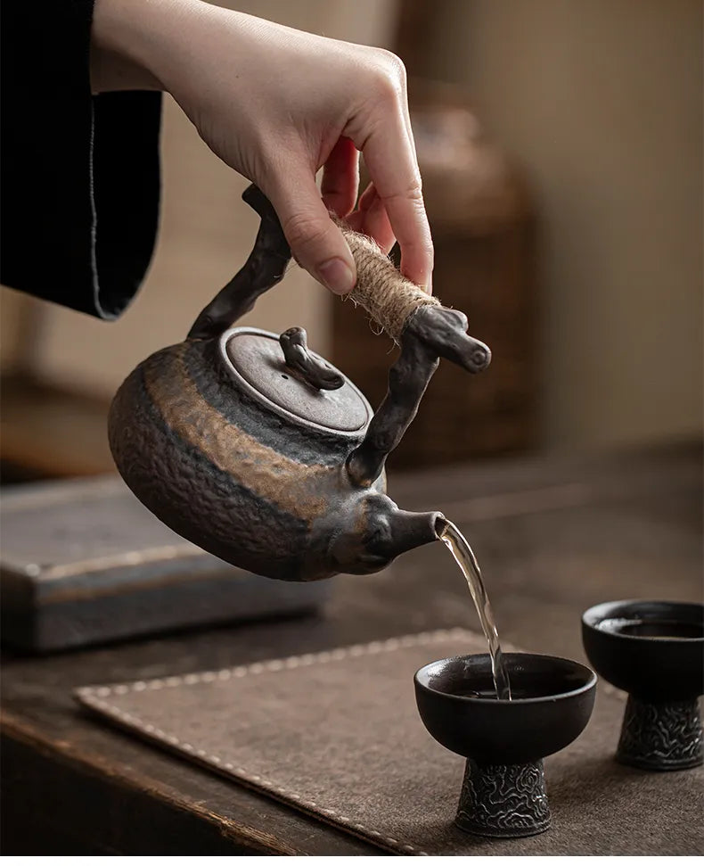 "Rustic Rough Pottery Teapot – Withered Wood Handle, Vintage Chinese Carrying Teapot"