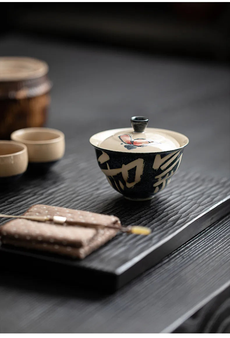 Hand-Painted Lotus Gaiwan – “Fortune Arises from Vitality” Covered Tea Bowl for Gongfu Brewing