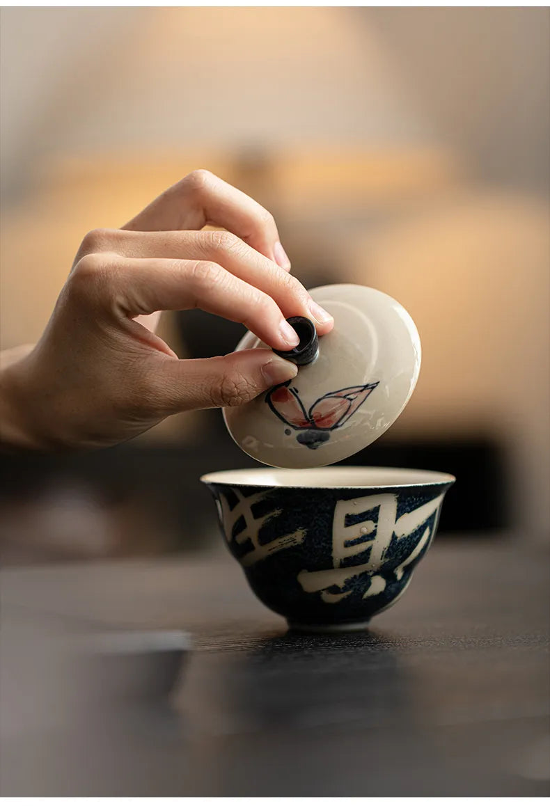 Hand-Painted Lotus Gaiwan – “Fortune Arises from Vitality” Covered Tea Bowl for Gongfu Brewing