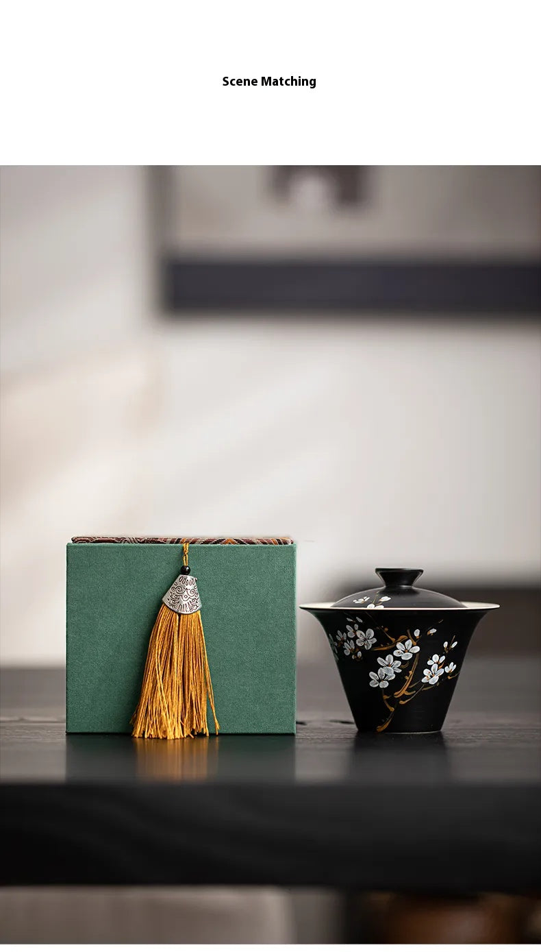 Powder-Glazed Gaiwan with Hand-Painted Plum Blossom Design – Three-Piece Ceramic Tea Bowl for Gongfu Brewing