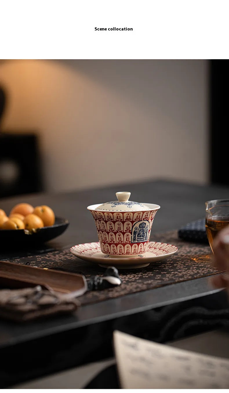 Three-Tier Gaiwan with Thousand Buddhas Motif – Traditional Chinese Covered Tea Bowl
