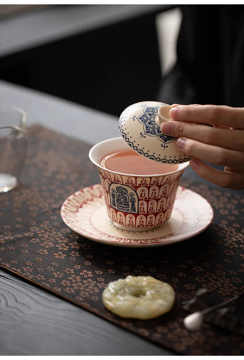 Three-Tier Gaiwan with Thousand Buddhas Motif – Traditional Chinese Covered Tea Bowl