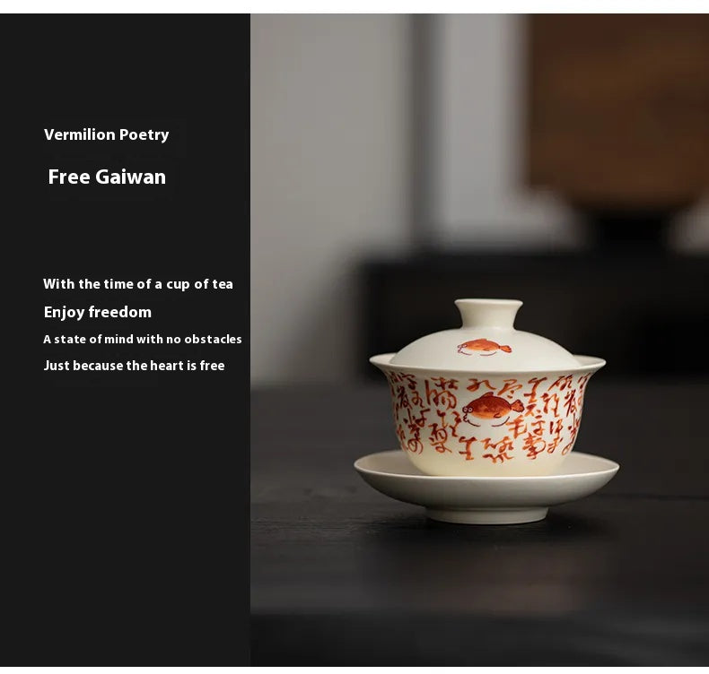 Soda Glaze Three-Piece Gaiwan – Calligraphy & Poetry Tea Bowl for Gongfu Brewing