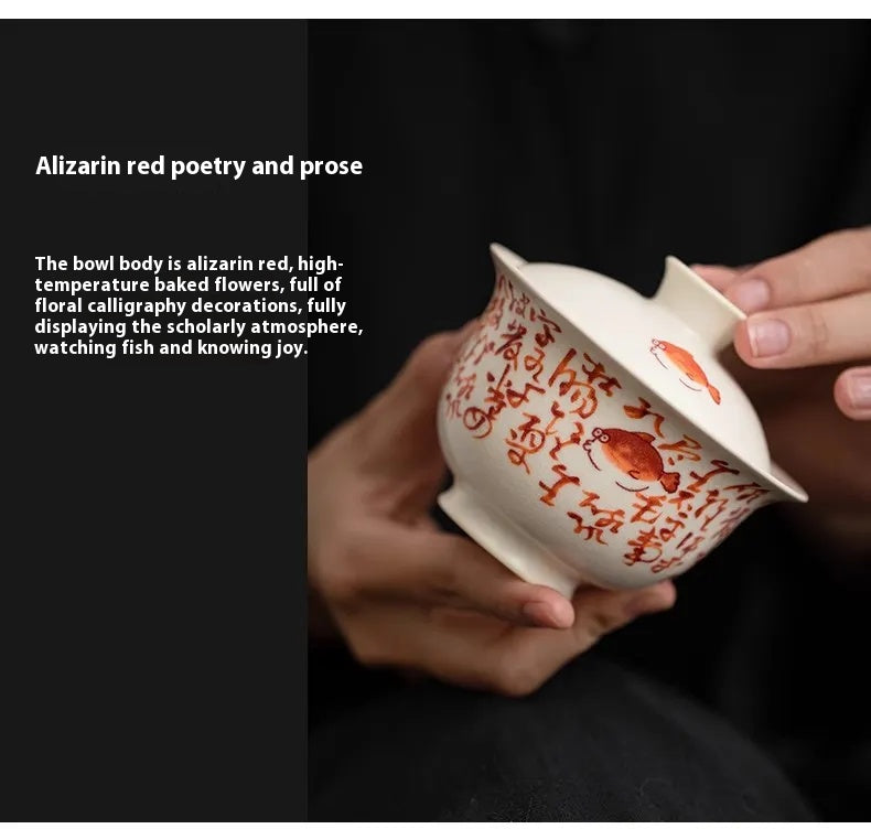 Soda Glaze Three-Piece Gaiwan – Calligraphy & Poetry Tea Bowl for Gongfu Brewing
