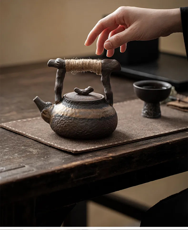 "Rustic Rough Pottery Teapot – Withered Wood Handle, Vintage Chinese Carrying Teapot"