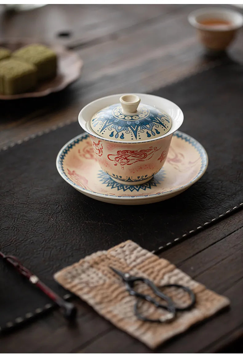 Dunhuang-Inspired Gaiwan with Flying Apsaras Motif – Three-Piece Ceramic Covered Tea Bowl