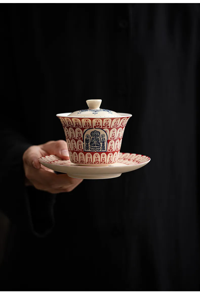 Three-Tier Gaiwan with Thousand Buddhas Motif – Traditional Chinese Covered Tea Bowl