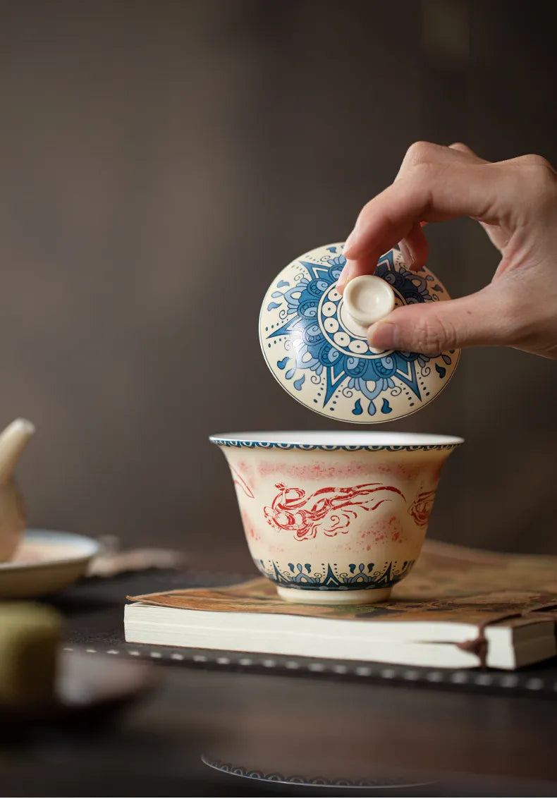 Dunhuang-Inspired Gaiwan with Flying Apsaras Motif – Three-Piece Ceramic Covered Tea Bowl