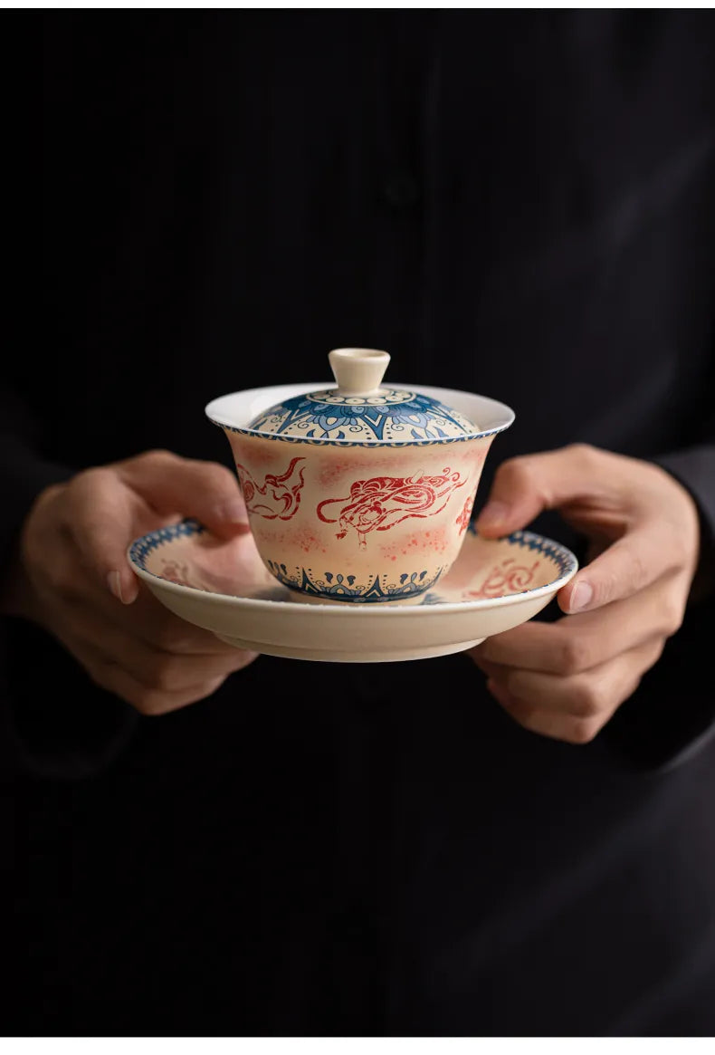Dunhuang-Inspired Gaiwan with Flying Apsaras Motif – Three-Piece Ceramic Covered Tea Bowl