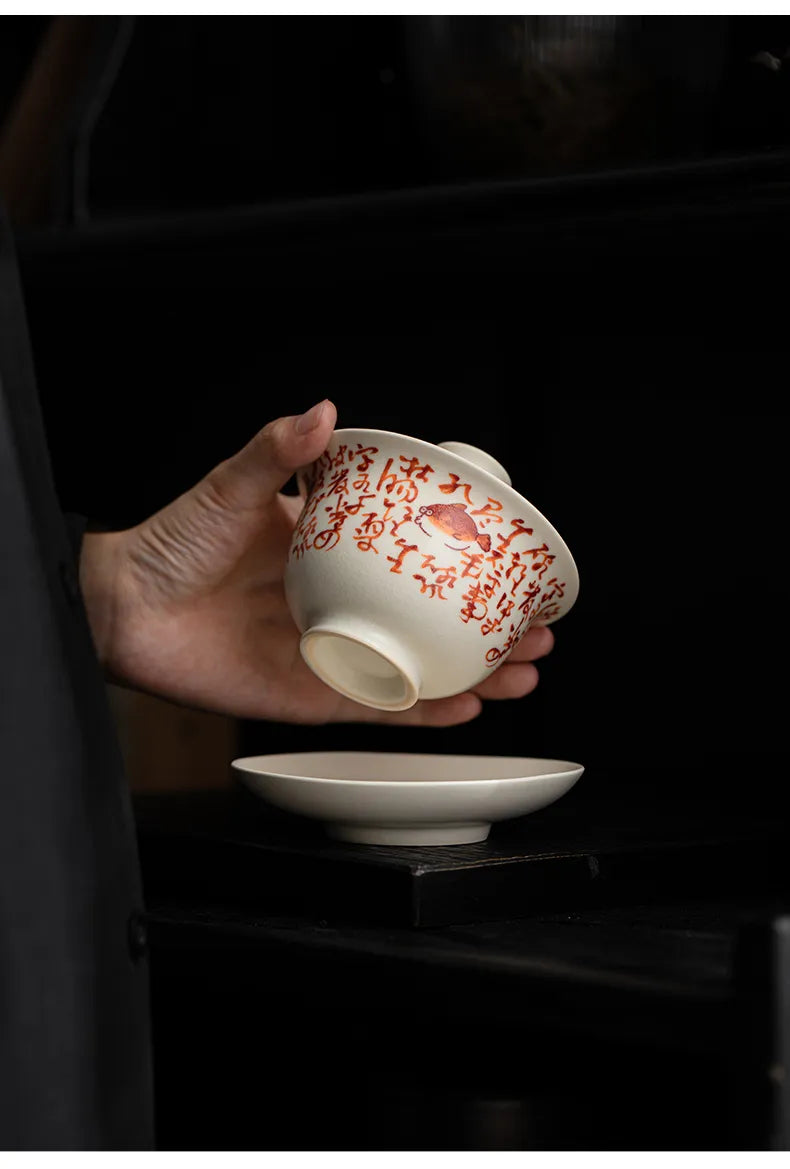 Soda Glaze Three-Piece Gaiwan – Calligraphy & Poetry Tea Bowl for Gongfu Brewing